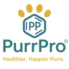 PurrPro logo with a teal and gold paw print icon, the letters PP inside a hexagon, and the text 'PurrPro' and 'Healthier, Happier Purrs' on a white background.