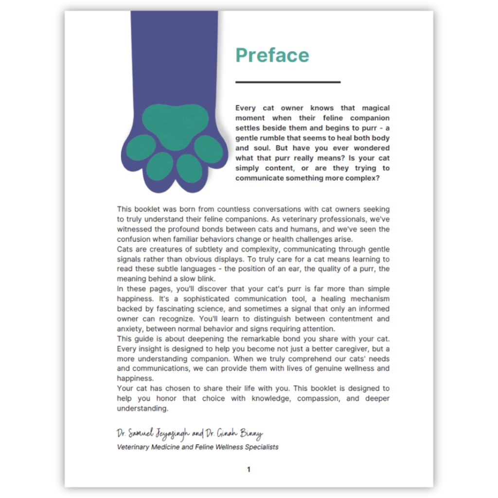 Purrpro feline health and behavior e-book Booklet page with preface text and a paw print graphic on a white background