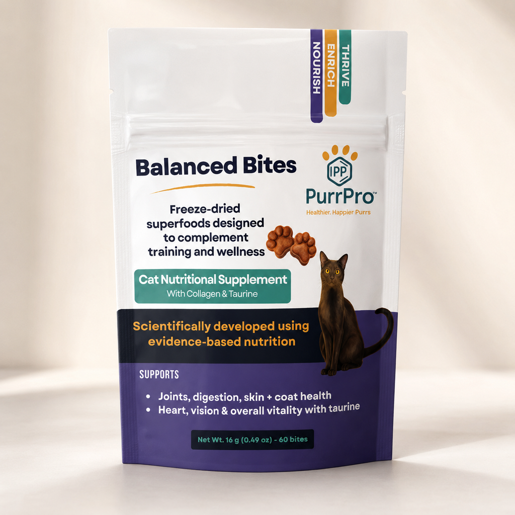 PurrPro Balanced Bites cat nutritional supplement packaging front side on a white background