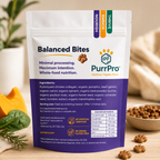 PurrPro balanced bites cat food pouch back label showing ingredients guaranteed analysis