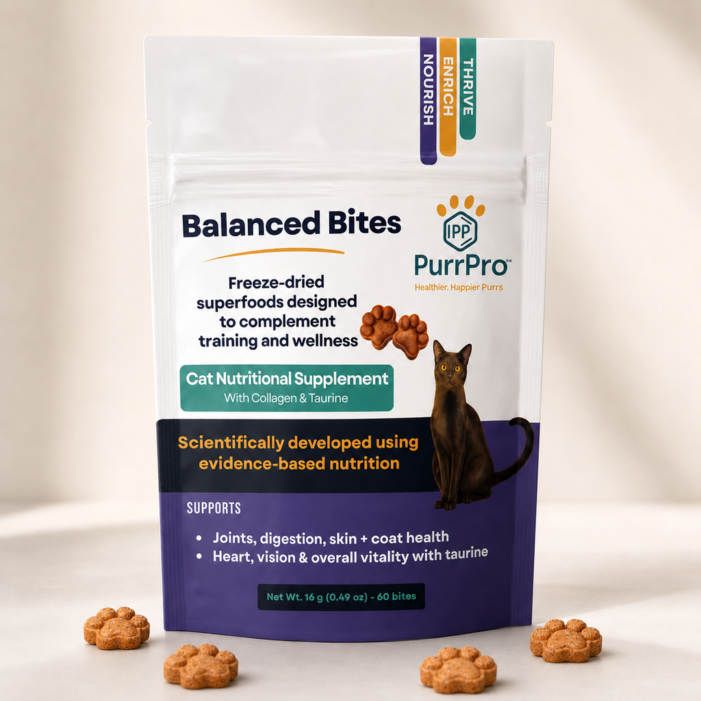 PurrPro Balanced Bites cat nutritional supplement package with a cat on a white background