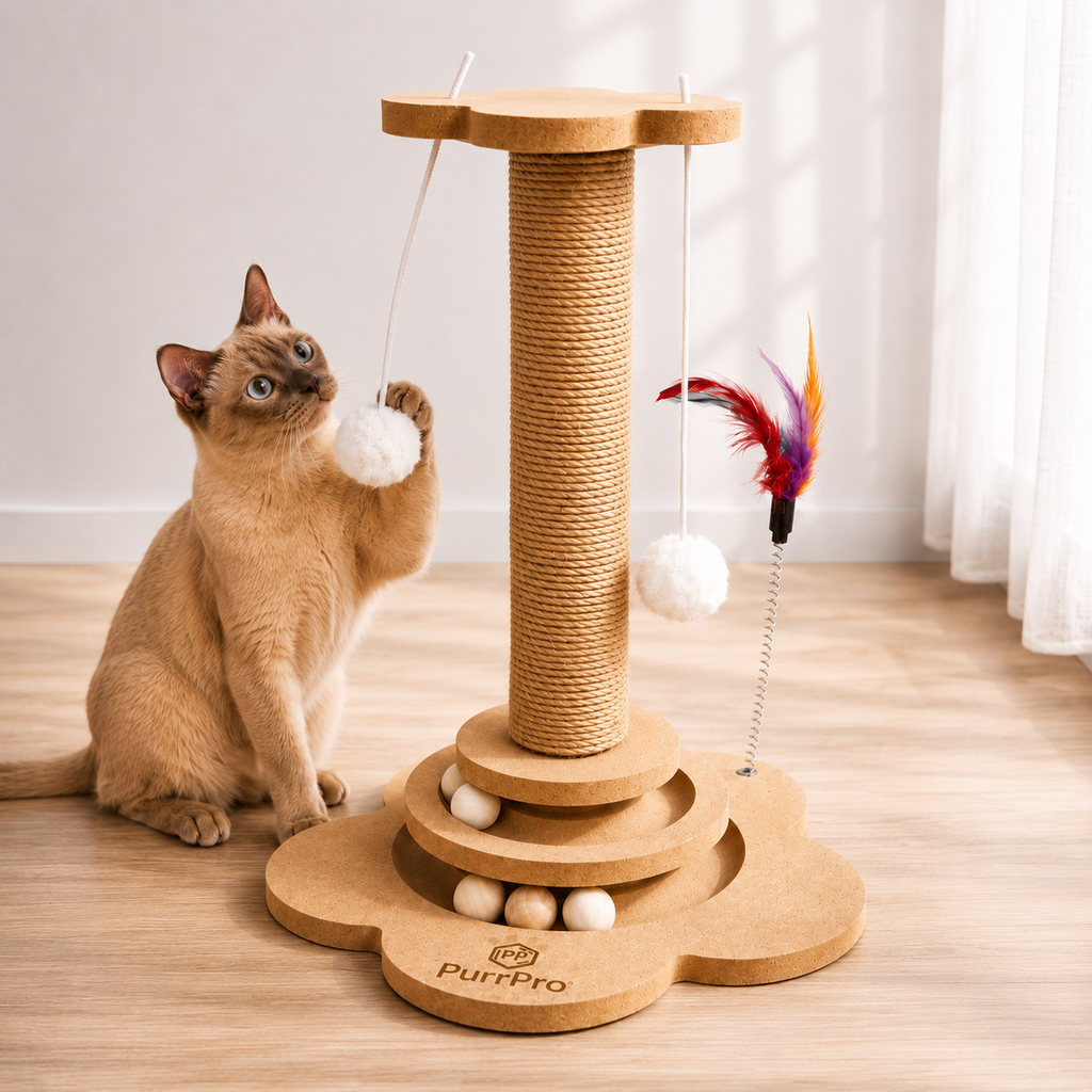 Kitten playing with a wooden cat toy with hanging balls and feathers on a mdf board floor.