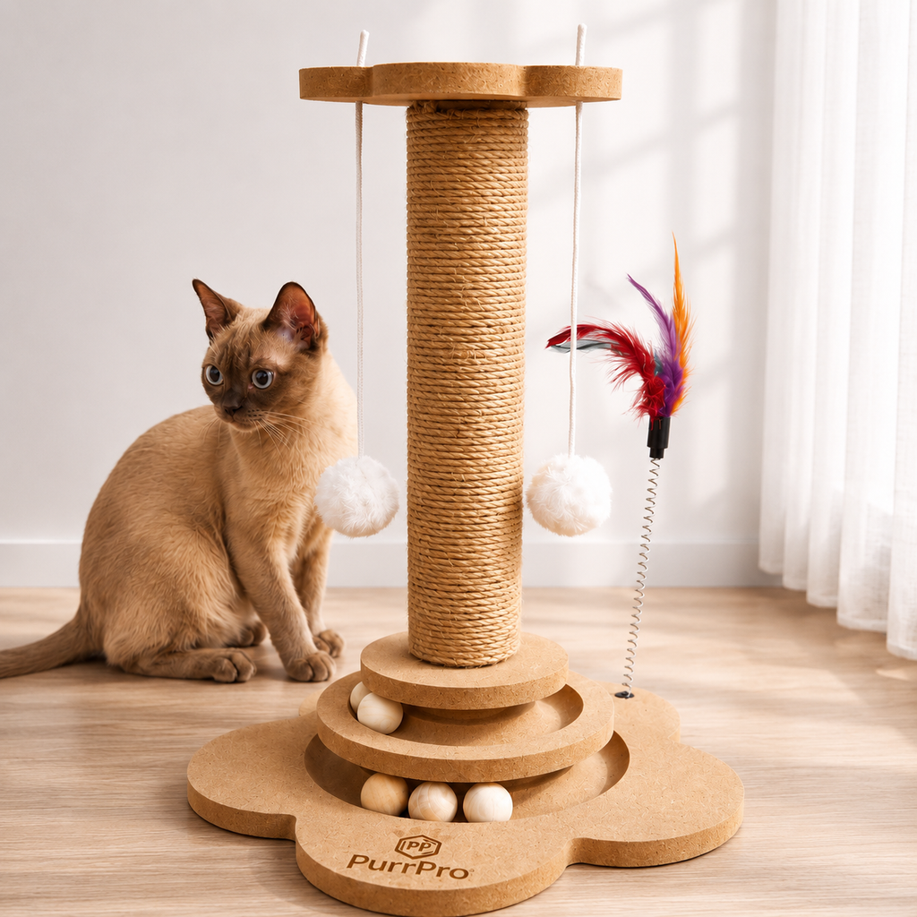 Kitten playing with a wooden cat toy with feathers and balls on a light wood floor.
