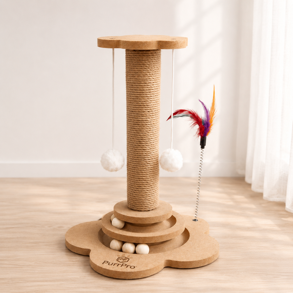 Wooden cat toy with sisal post, hanging balls, and feather toy on a mdf board floor.