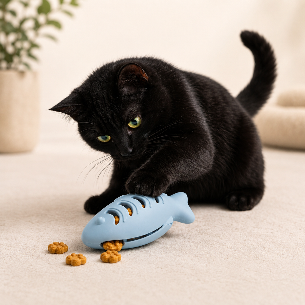 Black cat playing with a blue fish-shaped neuroplay purrpro toy on a light-colored surface.