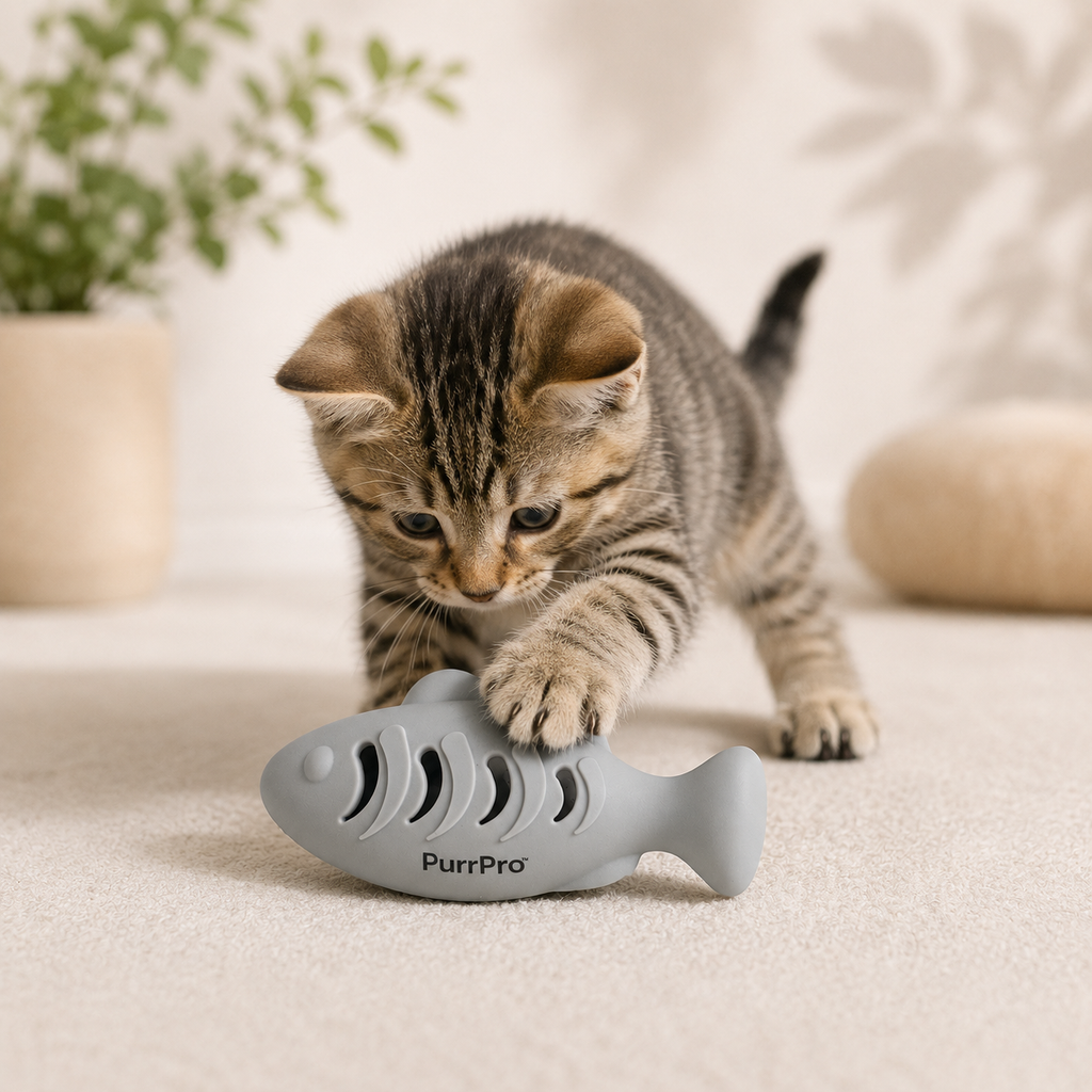 Kitten playing with a blue fish-shaped purrpro cat toy on a light surface.