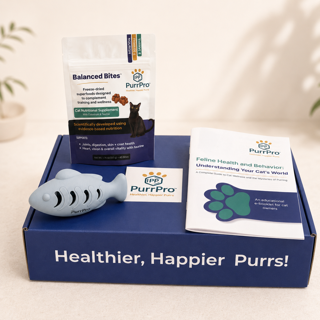 PurrPro pet product box with cat supplement, toy, and educational booklets on a neutral background