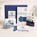 PurrPro pet wellness products including a blue fish-shaped toy, balanced bites, and guide on a light background.